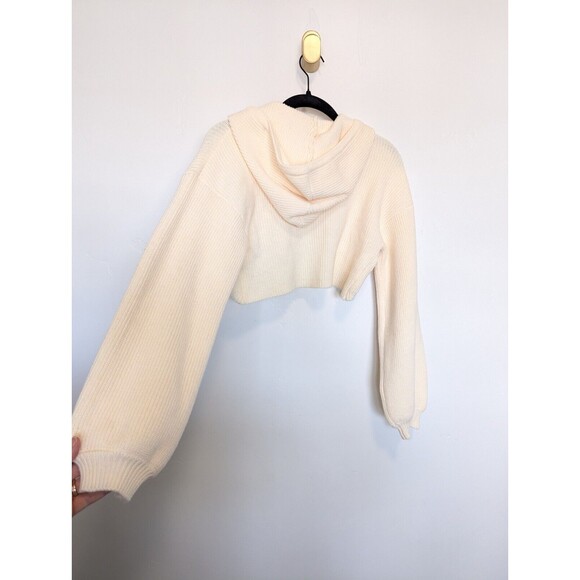 Anthropologie Cropped Hoodie Womens Size S Ivory Ribbed Boho Casual Y2K Sweater - Picture 4 of 9